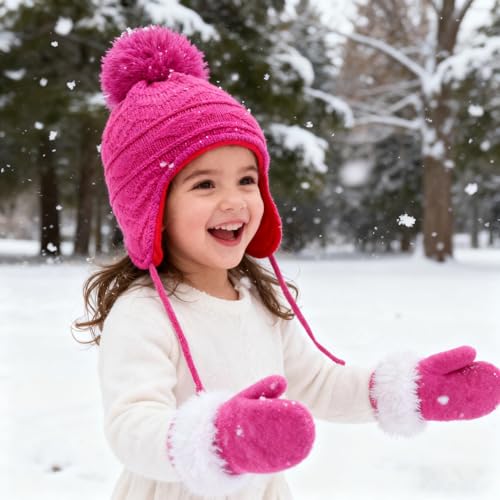 Image of Kids Winter Beanie Hat Mittens Set Warm Fleece Hat Baby Toddler Knitted Hat & Gloves for Boys, Girls