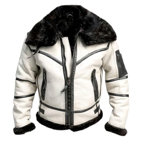 MERCH ATTIRE Mens B3 Aviator White Leather Flight Jacket with Black Shearling Faux Fur Collar