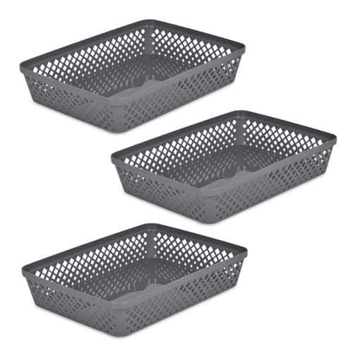 Glad Plastic Storage Basket Set – Multipurpose Drawer Trays, Kitchen Pantry Containers, and Bathroom Bins – 3 Pack Large Organizers, Grey