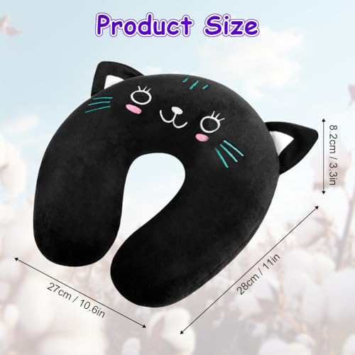 Alaoo Nackenkissen Kinder, Memory Foam Nackenstütze, Reisekissen U-förmiges Nackenstützkissen, Cartoon Tier Nackenhörnchen, Stützkissen für Auto Zug Büro Heim Flugzeug für Reisen (Schwarz Katze)
