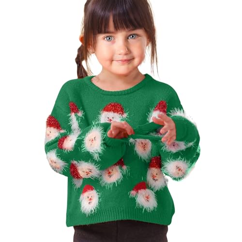 Girl Cute Christmas Santa Knit Sweater Kids Funny Xmas Holiday Knitted Pullover Crew Neck Plush Fleece Knitwear