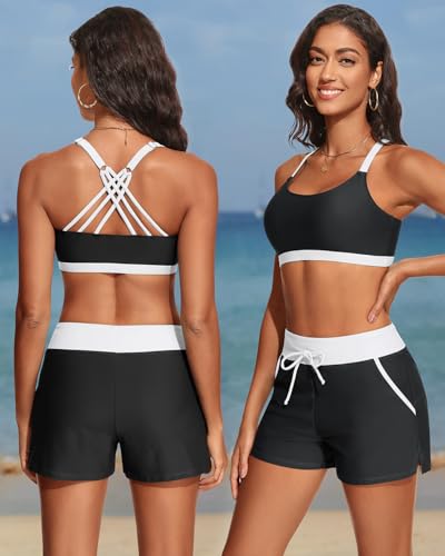 Aqua Eve 3 Piece Tankini Swimsuits for Women - Bathing Suits with Boy Shorts Swim Tank Top Sports Bra and Modest Swimwear2