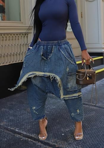 Vaceky Denim Harem Pants Women Elastic Waist Distressed Cropped Baggy Cargo Jeans2