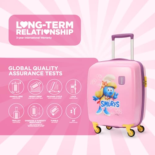 Image of American Tourister Smurfs 53 CM Small Suitcase with Combination Non TSA Lock & 4 Wheels Hard-Sided PC Cabin Luggage /Trolley Bag for Travel /Luggage Bag with Spinner Wheels for Travel- Pink /Purple