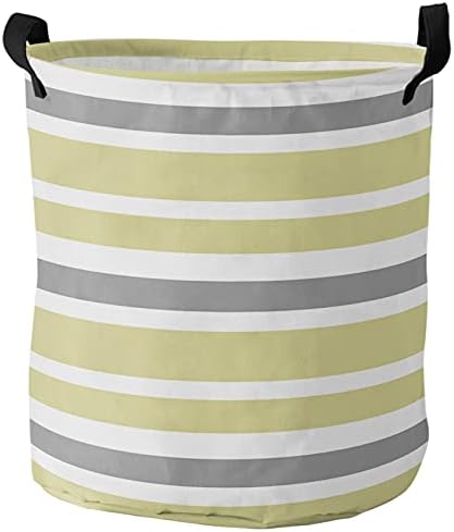 Laundry Hamper,Foldable Laundry Basket Yellow Gray and White Stripes Canvas Fabric Storage Organizer with Handles for Dirty Clothes,Home Storage