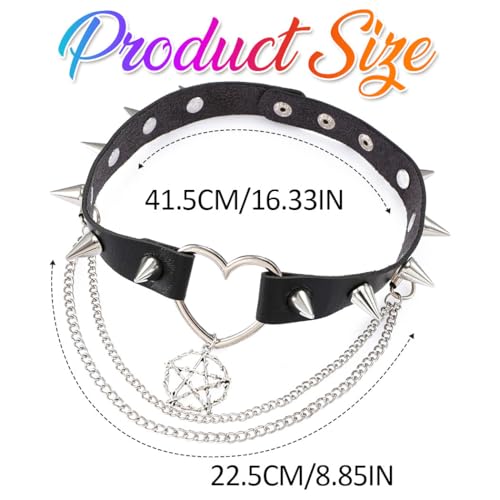 Zoestar Punk-Lederhalsband, schwarz, Gothic-Halsband, Herz-Halsband mit Spikes, Party-Halskette für Damen