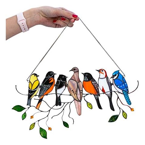Multicolor Birds on a Wire High Stained Glass Suncatcher Window Panel,Bird Series Art Ornaments Pendant, Hanging for Windows Doors Gifts for Bird Lover (B) Cover