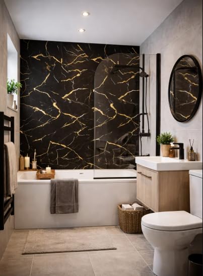 Be-Creative - Juego de 4 paneles de pared de baño con efecto mármol negro y dorado, paneles de ducha de PVC de 240 cm x 60 cm, revestimiento de pared húmedo 100% impermeable para baños, duchas y