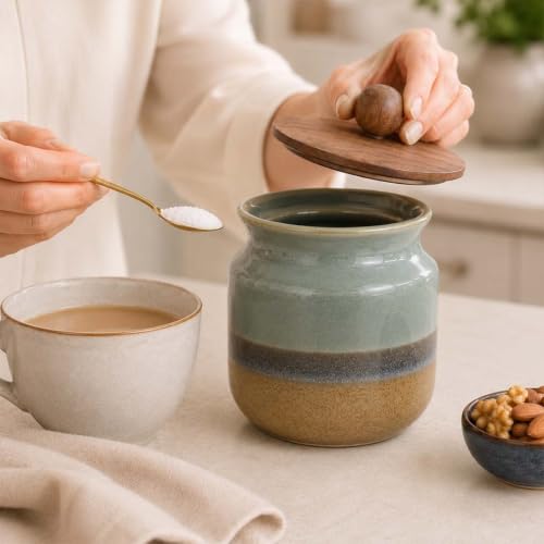 Image of The Earth Store Rustic Green Pickle Jar Set of 1 - 800ML Airtight Ceramic Jar for Kitchen Storage | Microwave & Dishwasher Safe Achar Container | Pickle, Salt & Spice Storage Jar