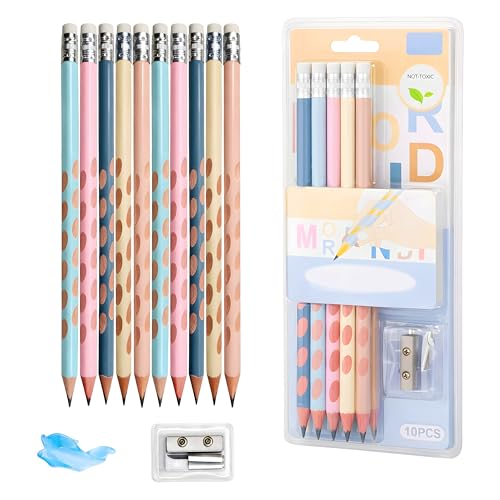Image of Toyshine HB Pencil Set with Erasers on Top | Pack of 10 Round Hole Groove Grip Pencils with Sharpene & Pencil Cap | Comfortable Writing School Stationery for Kids & Students - B