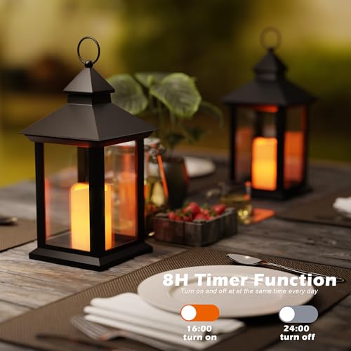 Image of 14 inch Lanterns Decorative Indoor, Black Lantern Decor with Timer Flameless Candle, Vintage Farmhouse Outdoor Lanterns, Waterproof Hanging Lantern for Patio, Porch, Entryway, Centerpieces