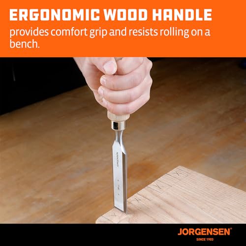 Image of Jorgensen 4-Piece Wood Chisel Set, Chromium Alloy Steel Beveled Edge Wood Chisels, Wood Chisels for Woodworking, Ergonomic Hardwood Handle with Metal Ferrule, 1 /4 inch, 1 /2 inch, 3 /4 inch, 1 inch