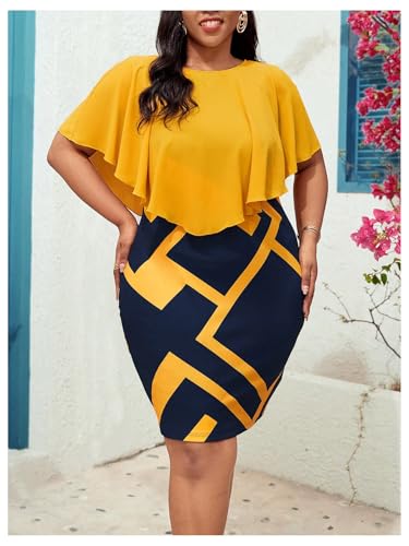 WDIRARA Women's Plus Size Geo Print Ruffle Cloak Sleeve Bodycon Dress Knee Length Pencil Dresses4