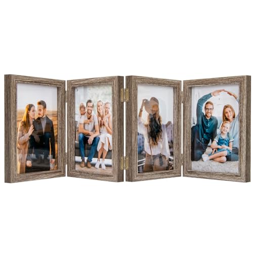5x7 Four Picture Frame 4 Hinged Photo Frame with 4 Openings, Natural Wood Foldable Photo Frame with High Definition Acrylic for Mothers Day Gifts Birthday Father's Day Christmas Gift, Rustic Desk Family Picture Collage, Gray by POILKMNI - Used condition - US$16.76