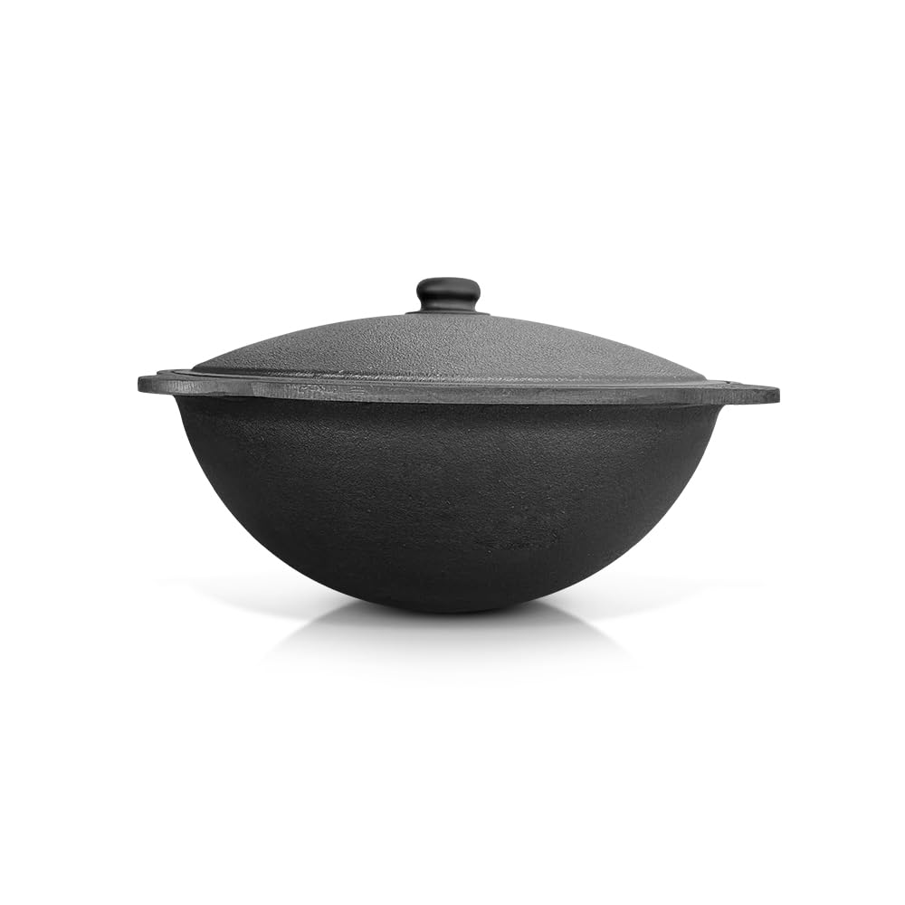 Kazan - Tapa de hierro fundido de 6 l de aluminio fundido de 33,5 cm de diámetro para Plov uzbeko de fondo plano WOK плов казан Kazan horno de fuego учак
