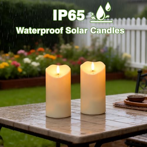 Image of Solar Candles Outdoor Waterproof, Flameless Flickering Pillar Candles 2 Pack 6 inch, IP65 Solar Powered Dusk to Dawn Sensor with 30+ Hours Long Lasting for Patio Garden Yard Deck Decor