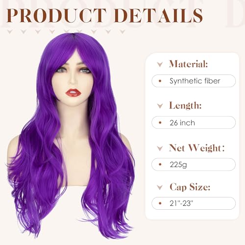 Image of S-noilite Purple Wig 26 inch Long Wavy Purple Anime Cosplay Wig with Bangs for Women Heat Resistant Synthetic Hair Colorful Wigs for Halloween Costume Party