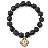 Pavé Diamond Hamsa Charm & Matte Onyx Bracelet - 7 inches Long Handmade Stretch Bracelet by Miller...