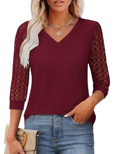 Womens Summer Tops 3/4 Length Sleeve Blouses Dressy Casual Shirts for Women Spring Fashion Ladies V Neck Lace Tshirts