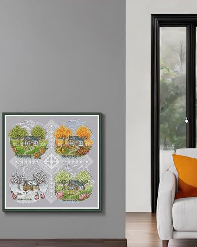 CaptainCrafts Cross Stitch Kits for Adults Stamped Cross Stitch Printed Fabric Cross Stitching DIY Art DMC Needlecrafts Embroidery Kit for Adults (Stamped, Cottage Scenery Four Seasons)
