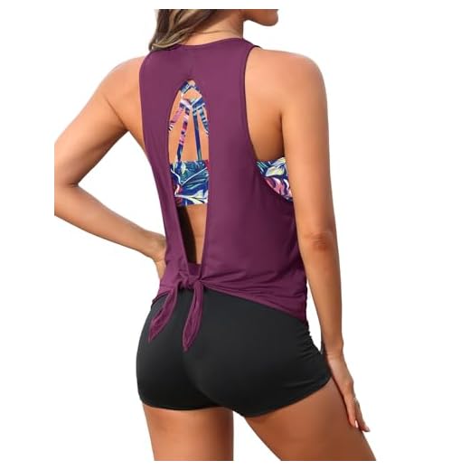 Aqua Eve 3 Piece Tankini Swimsuit for Women Tank Bathing Suit with Shorts Open Back Athletic Swimwear Purple Leaves XS