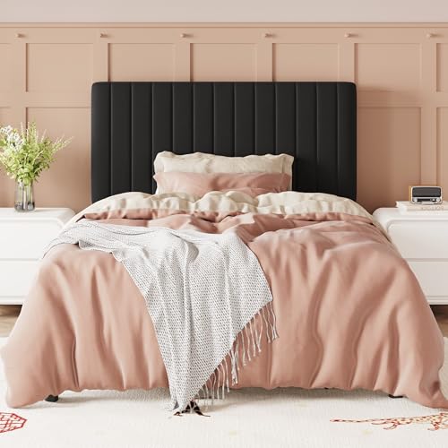 Image of Allewie Twin Bed Frame, Velvet Upholstered Platform Bed with Adjustable Vertical Channel Tufted Headboard, Mattress Foundation with Strong Wooden Slats, Box Spring Optional, Easy Assembly, Black