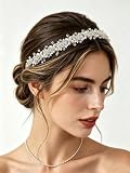 changyexi Handmade Silver Rhinestone Pearl Bridal Wedding Headband, Tiara Hair Jewelry Headpiece for Women Brides, Elegant Sparkle Hair Accessories Hairband for Prom Birthday Party