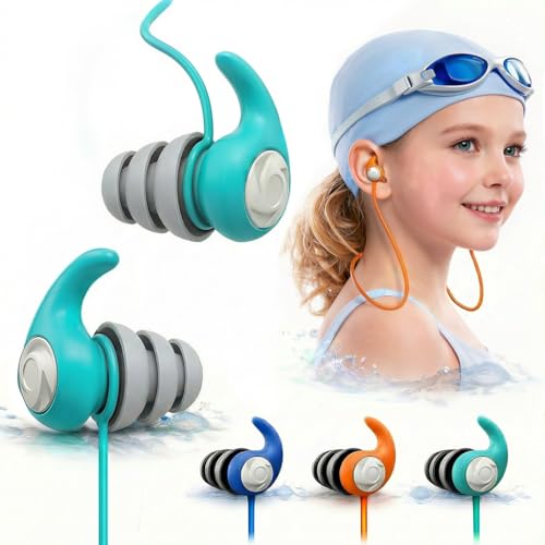 Bouchons d’Oreille Natation Enfant (4-12 ans), 3 Paires en Silicone Étanche avec Cordon Amovible, Réutilisables pour Piscine, Douche et Sports Aquatiques