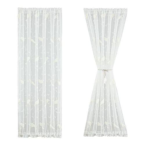 VOGOL White Sheer French Door Curtains, Lovely Bird Embroidered Curtain Panel with Tassel Tieback, Elegant Voile Drape for Front Door, 1 Piece, 25 x 40 in