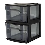 HOMZ 2-Pack 1-Drawer Storage Cart, Plastic Container w/Smoke Tint, 14.25' Wide Medium, Black Frame - Organizing Drawer Containers for Home, Bathroom, Bedroom, Office, and Classroom