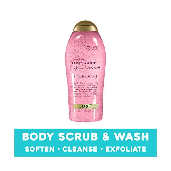 OGX-Pink-sea-salt-rosewater-gentle-soothing-body-scrub-195-Ounce-10-Count OGX Sensitive + Pink Sea Salt & Rosewater Sulfate-Free Soothing Body Scrub with Healing Rose Quartz, Gentle Exfoliating Daily Body Wash to Soften & Smooth Skin, 19.5 Fl Oz