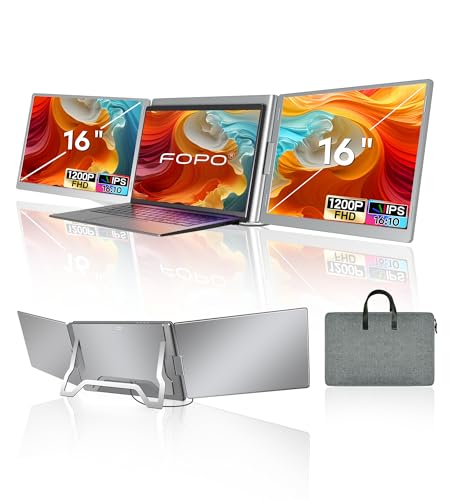 Image of FOPO 16" Laptop Screen Extender Monitor Portable, Quad Monitor, Just 1 Cable for 3 Screens, FHD 1080P IPS Laptop Extender Compatible with Wins/Mac for 13.6" - 18.5" Laptops