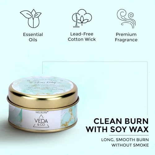 Image of Welburn Veda&Co Scented Wax Candle - Stress Relief | Aromatherapy Travel Tin Candle | 100% Natural Soy Wax | Relaxing Stress-Relieving Fragrance | 15 Hours Burn Time | 85gm Travel Candle