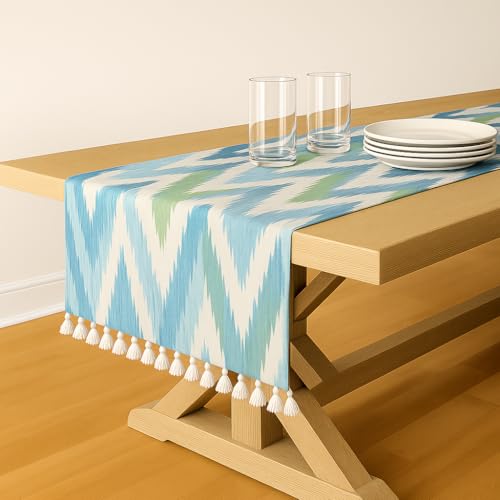 WWW.THROWPILLOW.IN Aqua Blue Print Tassel Boho Table Runner 13x72 Inches | Fits 5 Feet TV Unit Cabinet, Center Table, Coffee Table, Dining Table, Dresser, Entry Console,Credenza | Diwali Festive Decor