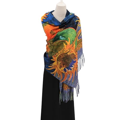 Reversible Pashmina Scarf - Double-side Cashmere Feel Shawl Wrap Monet Van Gogh Art Printing Scarves3