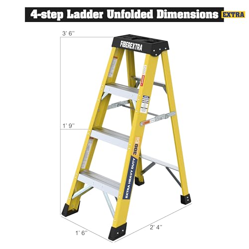 Image of Fiberglass Ladder, Single-Sided Stepladder for Electrical Engineering Ladder Construction with a Load Capacity of 330 pounds (4 Steps-Yellow)