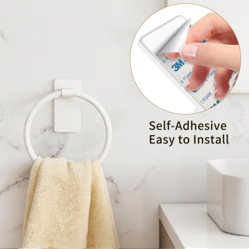 Image of STWWO Hand Towel Holder Adhesive, Round Towel Ring for Bathroom RV, White | for Bath RV Kitchen, Self Adhesive Wall Mounted, No-Drill Stick On Renter Friendly