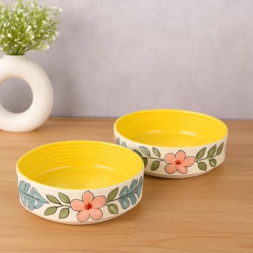 Image of Niyara Stoneware Handmade Ceramic Stylish Premium Serving Bowls, Salad Tray Microwave Dishwasher Safe, Elegant Ceramic Flat Serving Bowl Set of 2, Sizes: 500ml, 450ml (Yellow Flower Design)