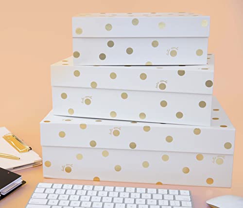 Kate Spade New York Decorative Storage Boxes With Lids, 3 Pack Sturdy Organizer Storage Bins, Includes Small Medium Large Pink Nesting Boxes With Magnetic Closure, Gold Dot With Script #TOP2