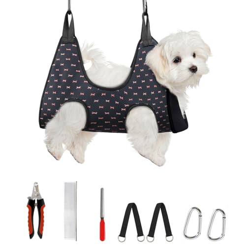 Image of Supet Dog Grooming Hammock Harness for Dogs Cats, Restraint Dog & Small Animal Leashes Sling for Groomingk for Nail Trimming (Black Currant, XS)