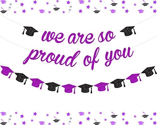 JOYMEMO Purple Glitter We are So Proud of You Banner - Purple and Black Graduation Banner for Senior College 2026 Graduation Grad Party Decorations Supplies Congrads Cap Garland