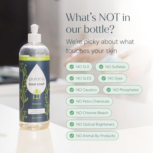 Image of Puracy Natural Dish Soap Packs- Unscented Skin-Softening Plant-Based Dishwashing Soap, Non-Toxic Dish Soap, Fragance Free Organic Liquid Dishwashing Detergent Soap (Unscented, 16 fl oz, 3 Pack)