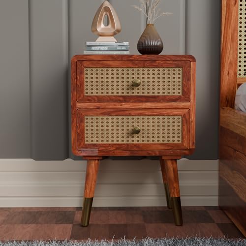 Image of DRIFTINGWOOD Amber Nightstand Bedside Table with 2 Drawers - Solid Sheesham Wood & Rattan Cane Front - Mid Century Modern Wooden End Table for Bedroom - Honey Finish