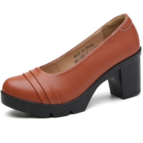 Women's Classic Leather Mid-Heel Chunky Heels Pumps Leisure Closed Round Toe Slip-On Platform Dress Pump Shoes Office Party Wedding Shoes