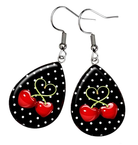 Boucles d'oreilles gouttes cerises cabochon verre pois rouges noirs