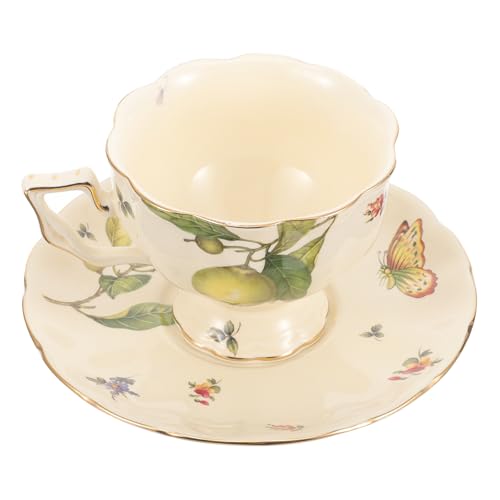 OSALADI Ensemble Tasse à Cappuccino et Soucoupe en Céramique Vintage Motif Citron Tasse à Café avec Anse Large Ouverture pour Thé Gobelet à Eau en Céramique pour Usage Quotidien Style
