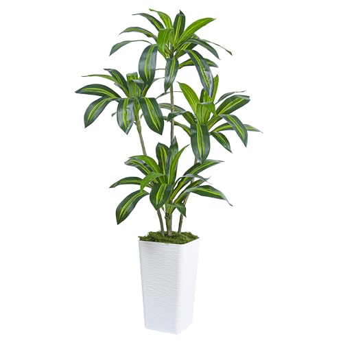 Artificial Dracaena Tree Artificial Silk Tree Faux Tree Fake Tropical Yucca Floor Plant with White Tall Planter 1 White Tall Planter 5FT