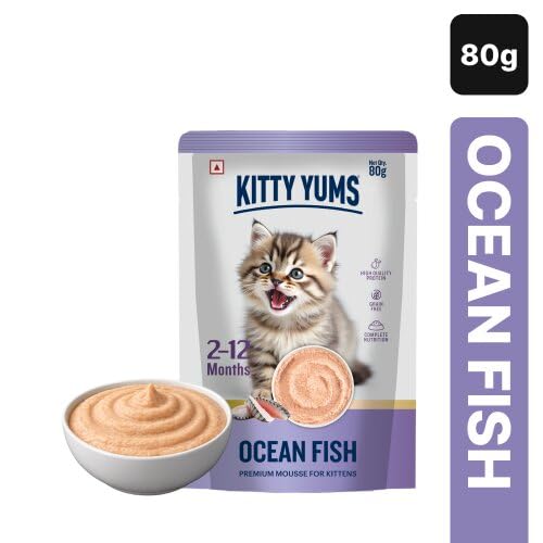 Image of Kitty Yums Wet Kitten Food Mousse Variety Pack | Salmon, Ocean Fish, Tuna & Chicken | 80g x 3 Each | Pack of 12 | Mousse for Kittens