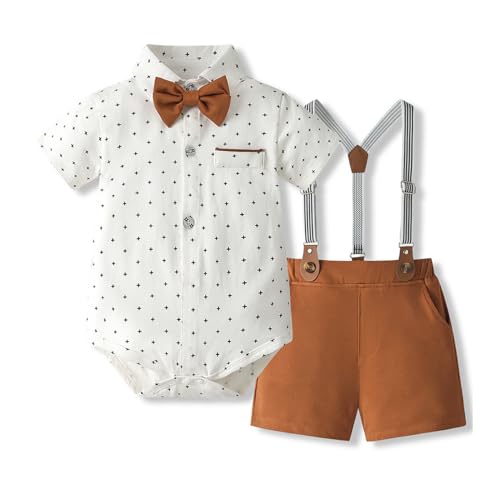 Image of Volunboy Baby Boy Formal Short Set Toddler Summer Gentleman Outfit Kid Short Sleeve Bowtie Shirt Suspender Shorts Suit