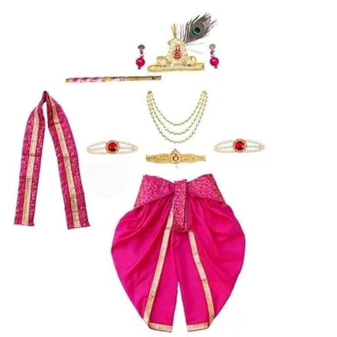 Image of Krishna Dress for Baby Boy Kids(Dhoti,Patka,Mukut,Morpankh,Bansuri,Kamarband,Bajuband,Kundal) Little Krishna Ji Kanha Janmasthmi Costume